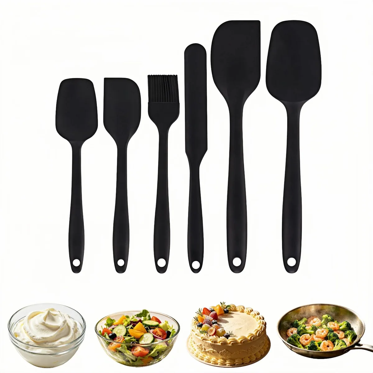 Six black silicone spatulas and a pastry brush with curved handles and hanging holes