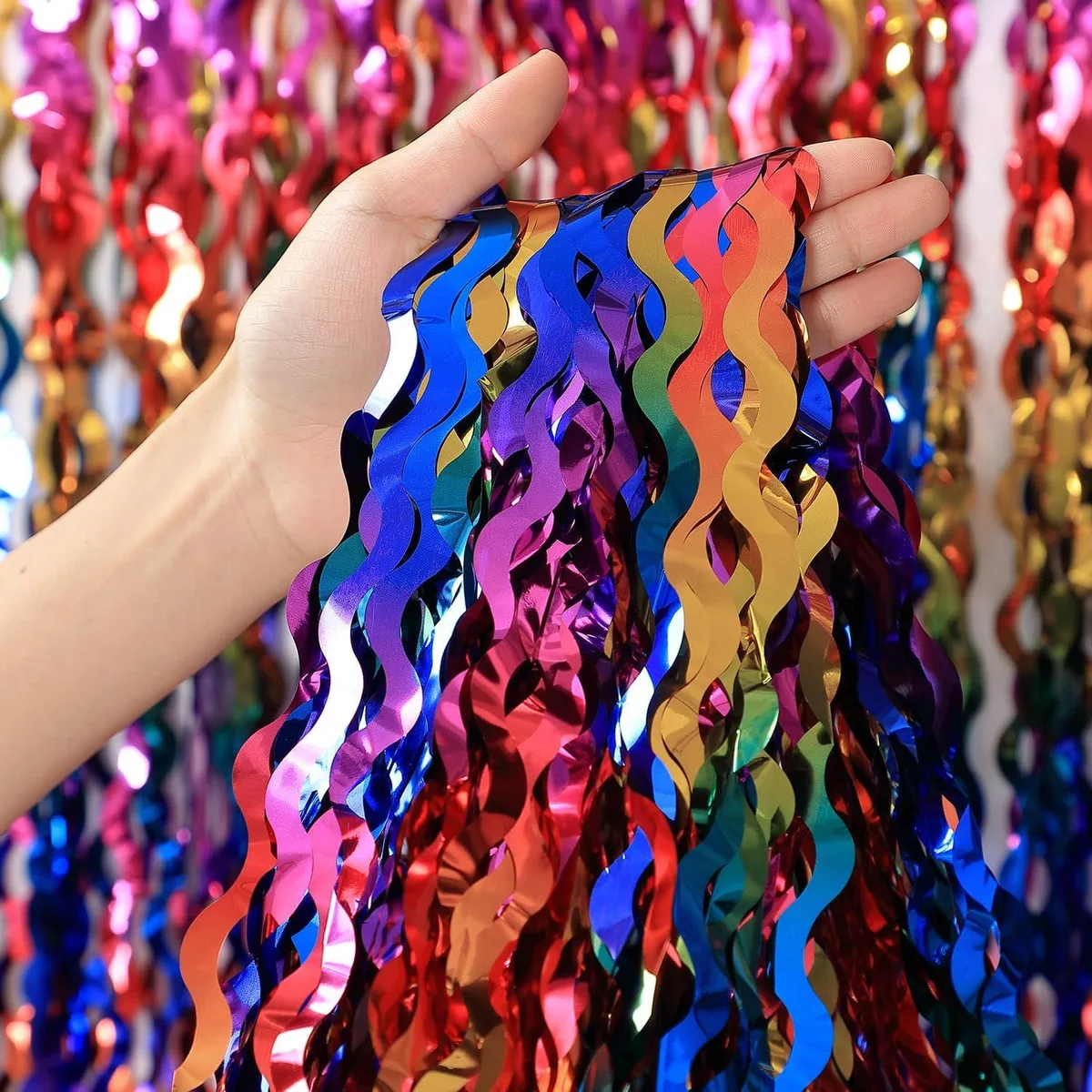 Three white foil tinsel curtains, each 3.3 by 6.6 ft, wavy metallic strands on double-sided tape backing