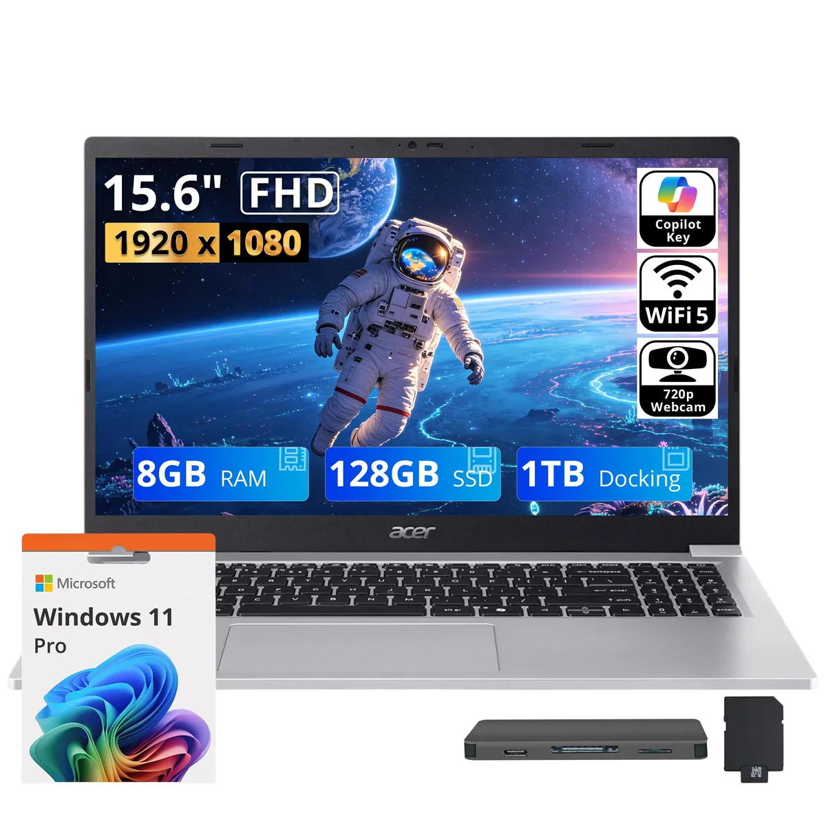 Acer America Acer Aspire Lite 15 15.6" FHD business laptop Intel Core 3 N350 8GB 128GB+1TB Dock Windows 11 Pro Light Silver — product photo