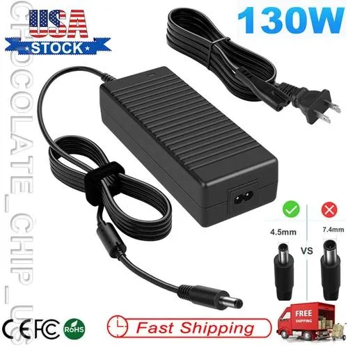Black rectangular 130W Dell power adapter with 4.5*3.0mm barrel connector and detachable AC cord