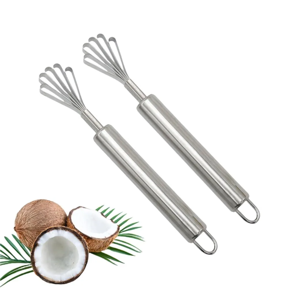Two silver stainless steel coconut scrapers with ergonomic handles