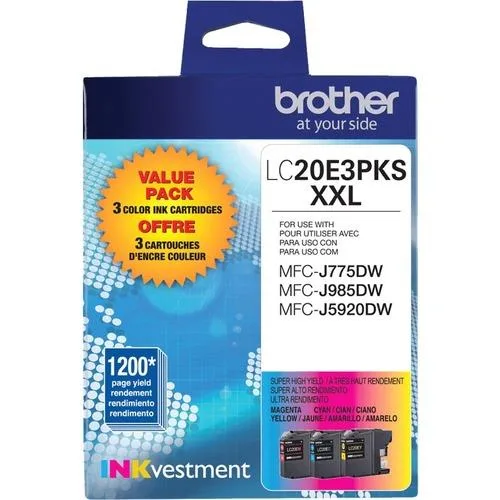 Box containing three Brother ink cartridges in cyan magenta yellow