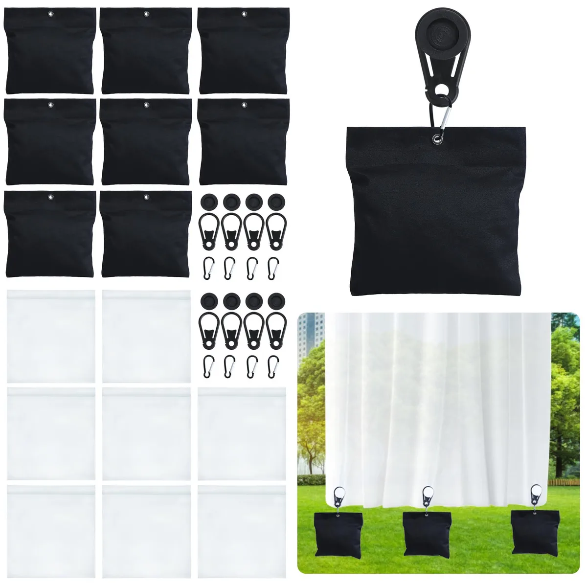Eight black square canvas weight bags with metal clips