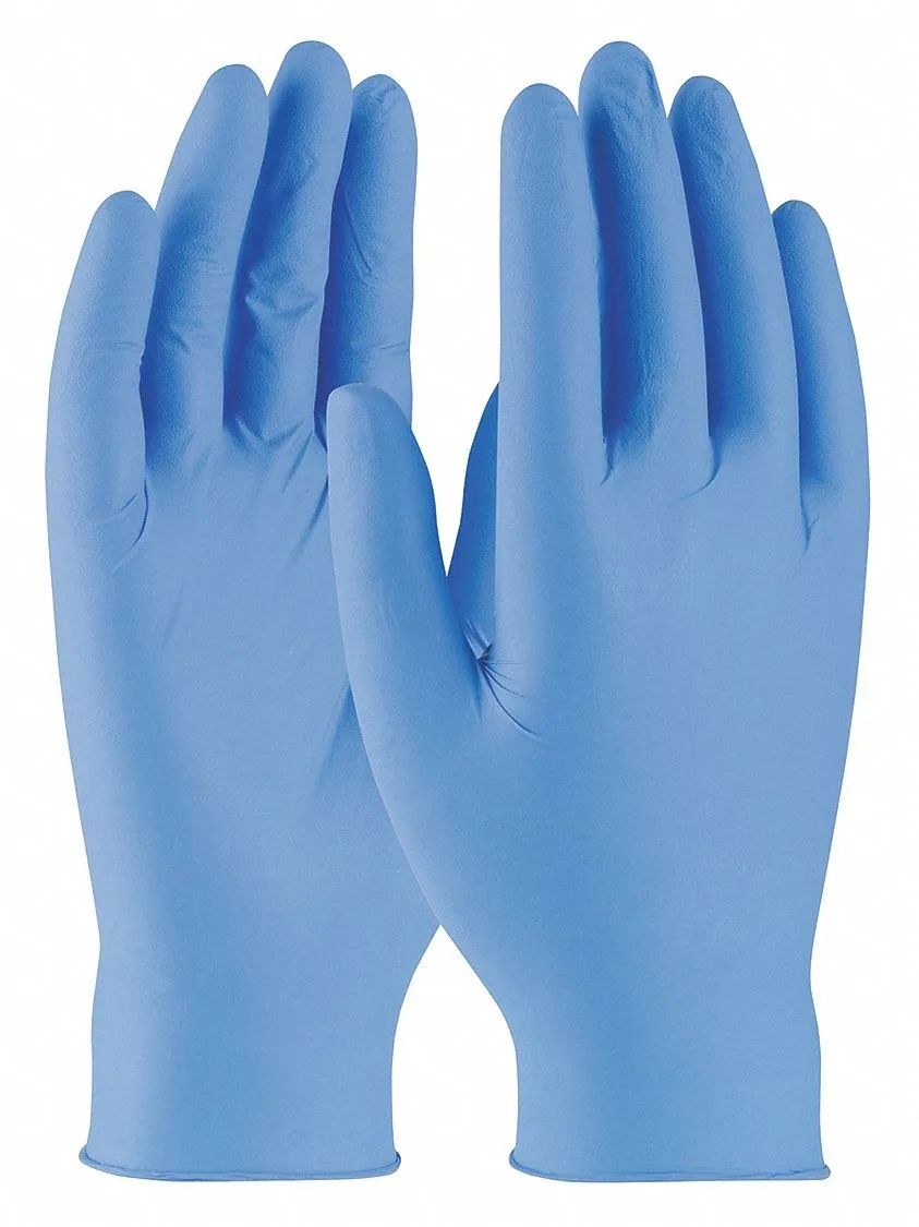 Box of blue nitrile disposable gloves, textured fingertips, powder-free