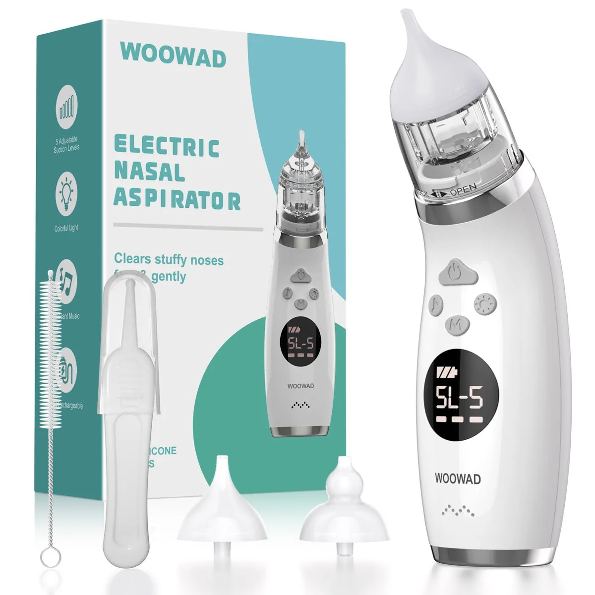White electric nasal aspirator with transparent collection cup and three silicone tips