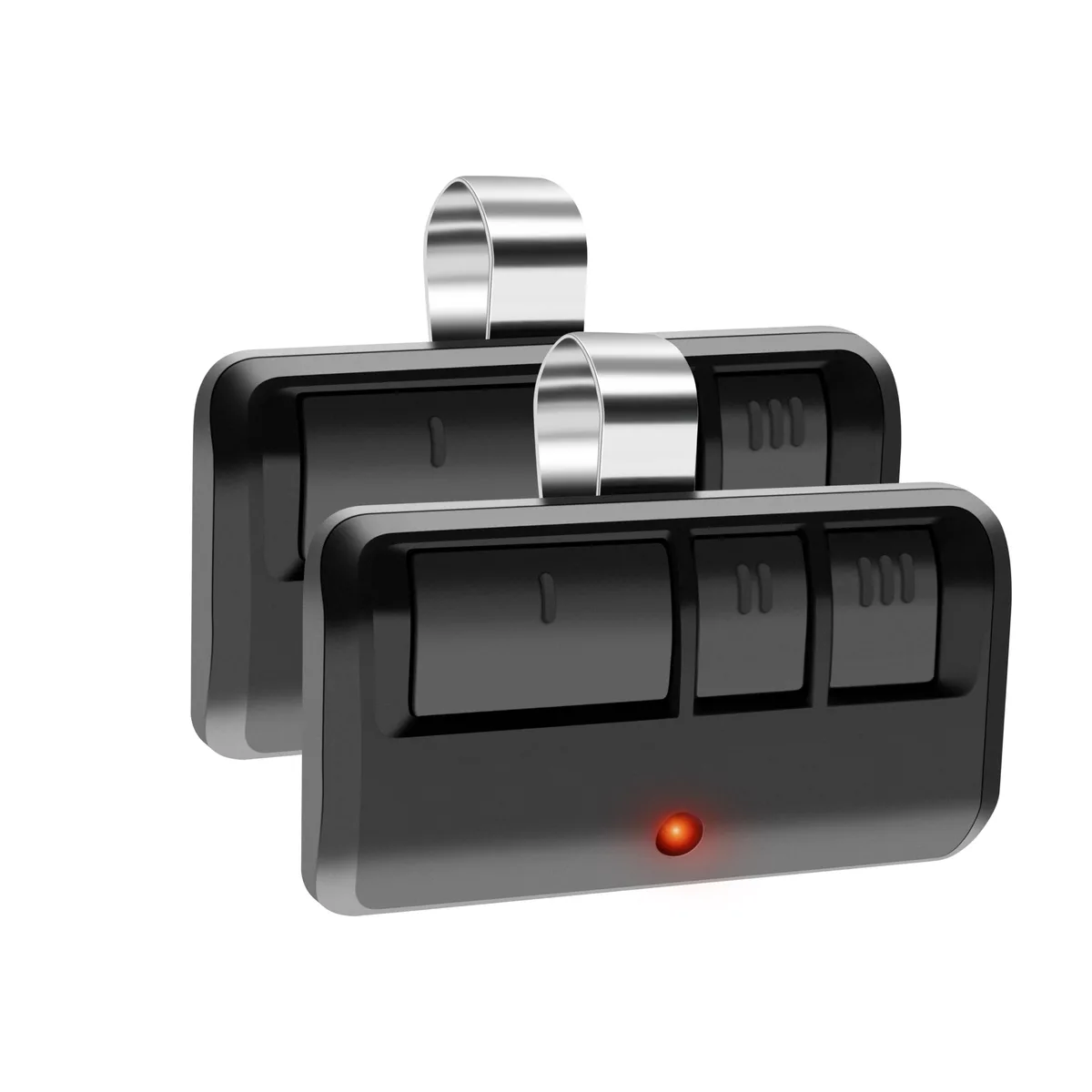Two compact grey remotes with purple buttons on a key ring