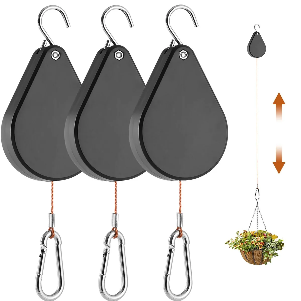 Three black retractable plant hangers with stainless steel hooks and nylon rope, shown extended to full length