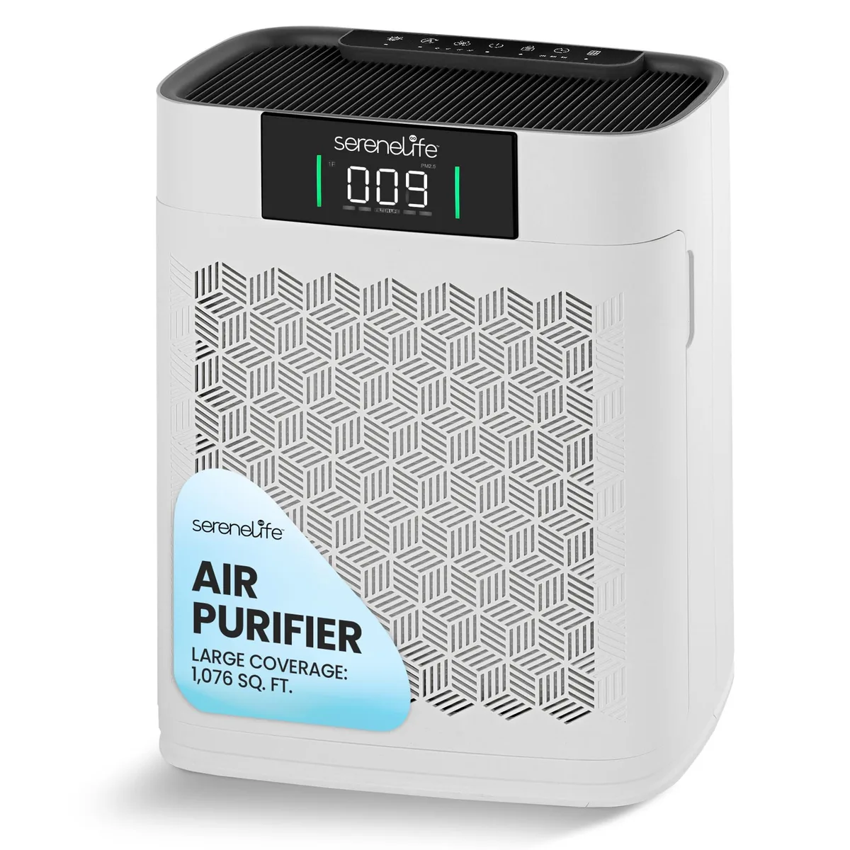 White rectangular air purifier with smooth finish and front control panel