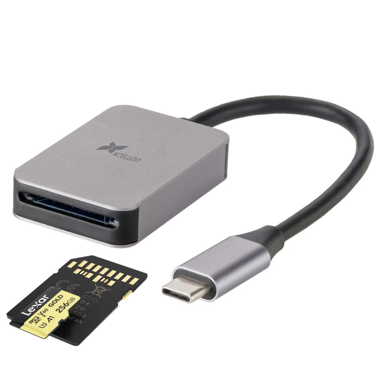Compact SD card reader with short integrated USB-C cable