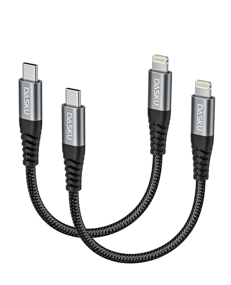 Two short black braided USB-C to Lightning cables coiled together