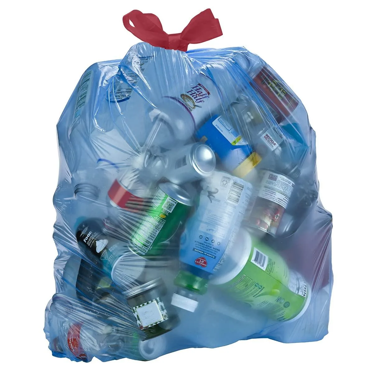 A blue box holding sixty tall kitchen recycling bags with drawstring closures