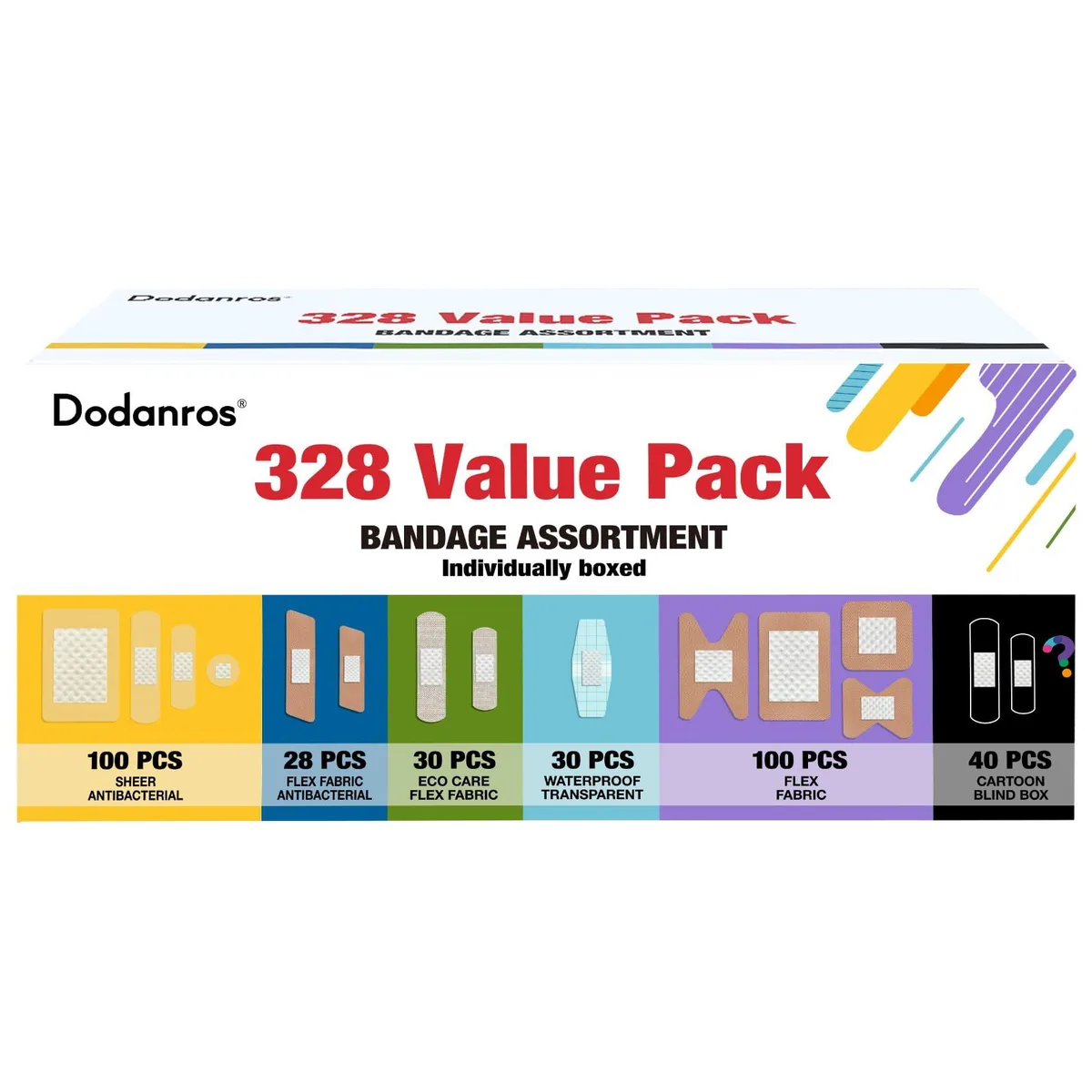 Open cardboard box showing 328 assorted bandages in six packs, sheer fabric, bamboo, waterproof and cartoon blind-box strips