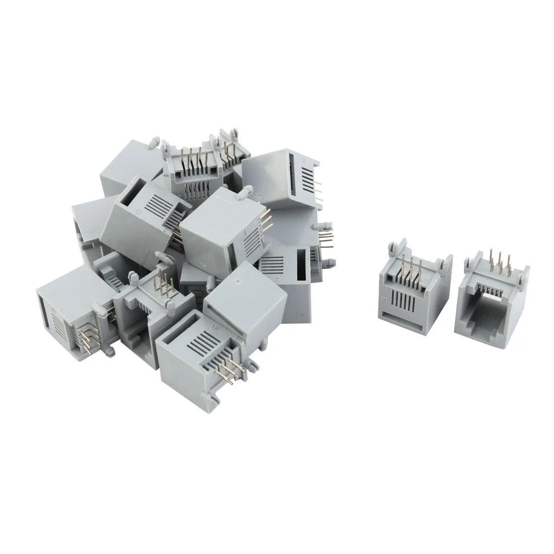Pack of twenty small rectangular RJ12 female PCB jacks, cream plastic, gold pins visible