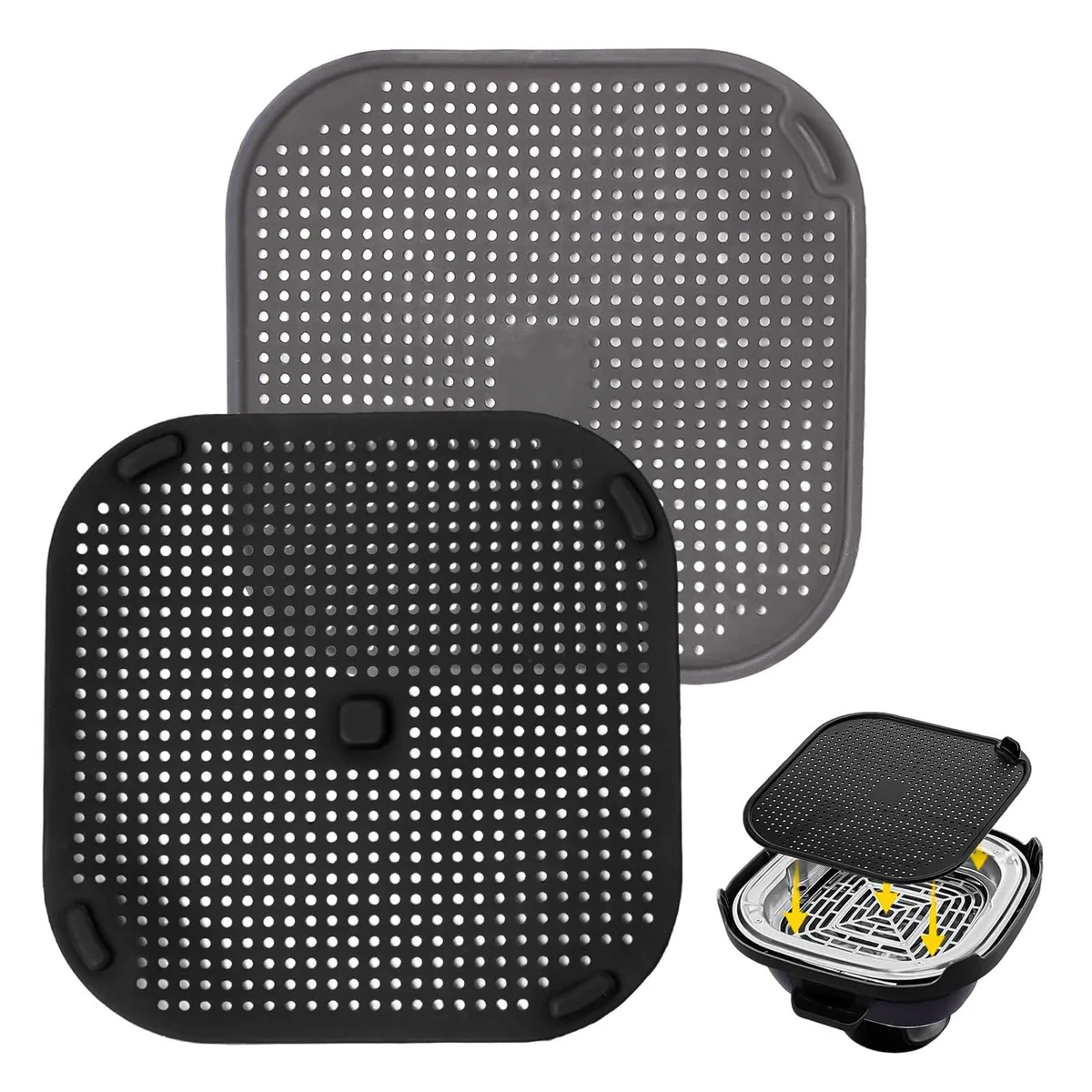 Two flexible silicone splatter screens, one grey and one black, with perforated centres and handled edges