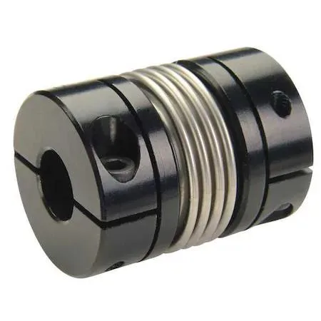 Small metal bellows coupling, silver aluminium hubs, stainless steel bellows, clamp-style bore 1/2 inch each side