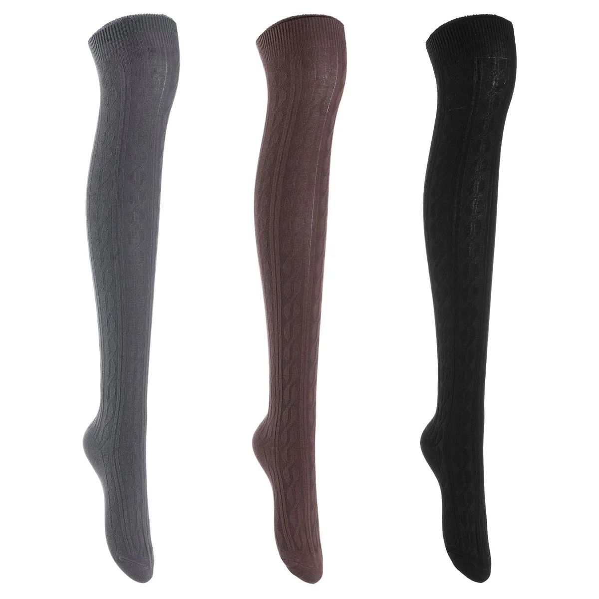 Three pairs of thigh-high cotton socks in black coffee and dark grey
