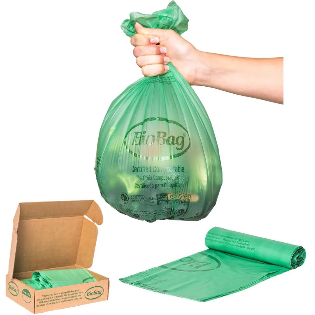 Box of 100 green compostable 3‑gallon bags on four rolls