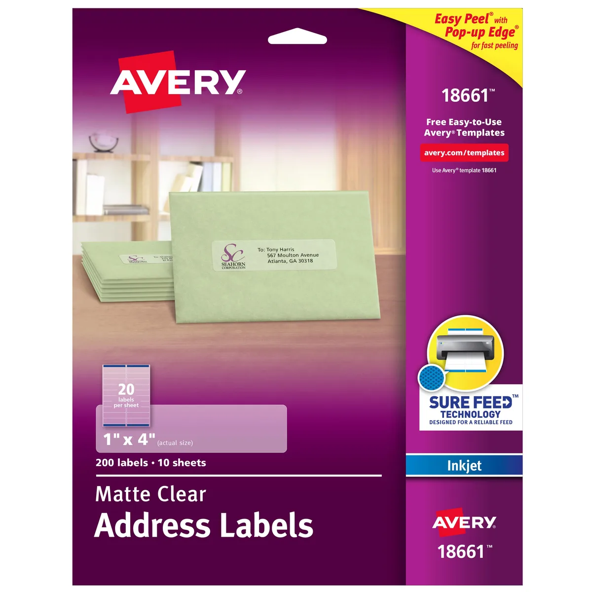 A pack of 200 clear matte address label sheets with blue feed strip