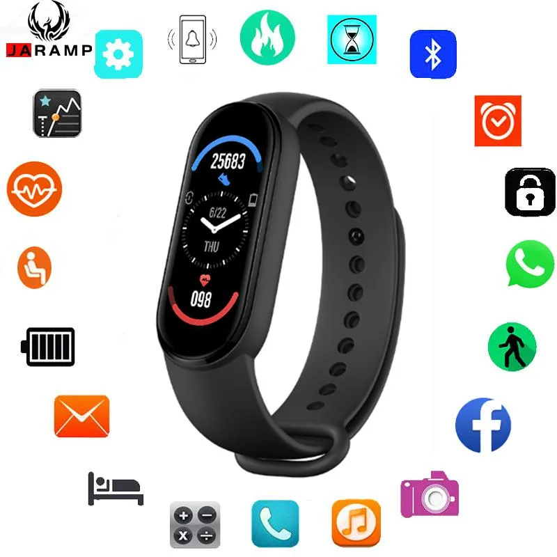 Black rectangular smartwatch on black strap, square screen, matte finish