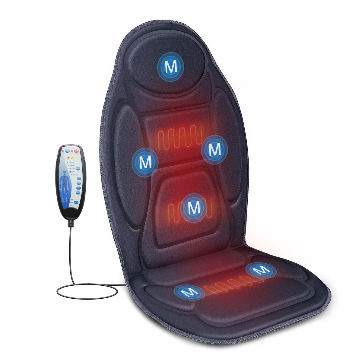 Blue vibration massage seat cushion with plush fabric and adjustable straps