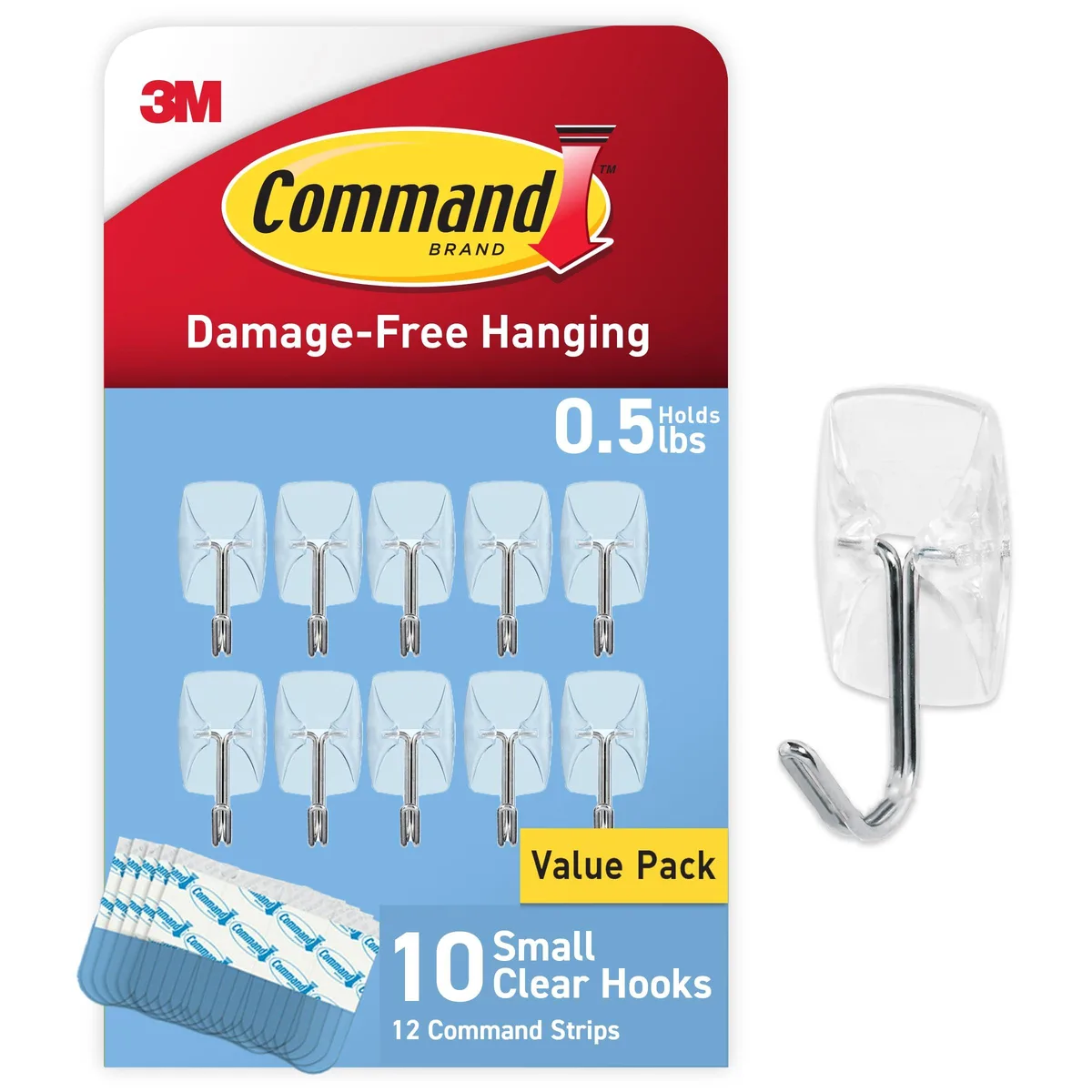 Clear plastic wire toggle hooks, ten hooks and twelve adhesive strips on backing cards