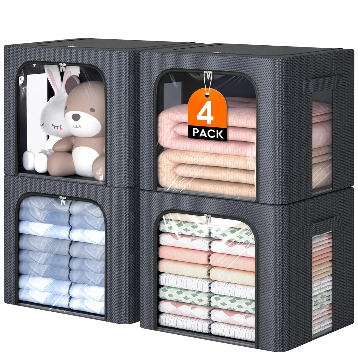 Four light-grey fabric storage bins with metal frames, clear windows and zippered openings, folded flat