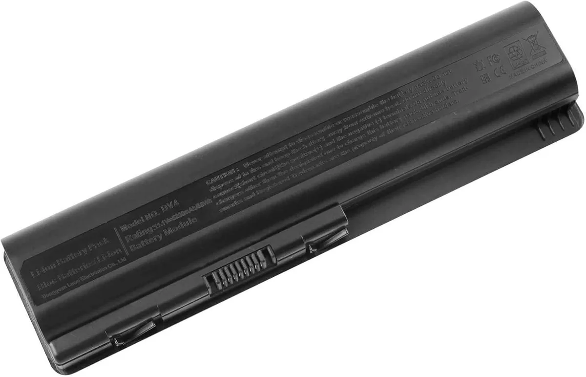 Rectangular black laptop battery with six cells and label