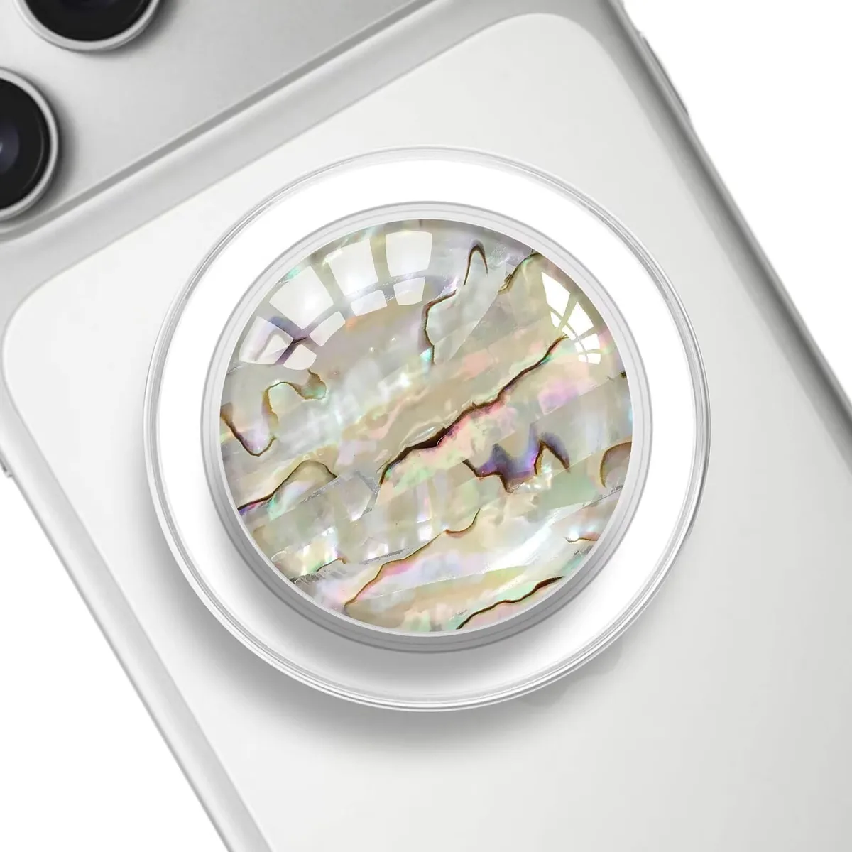 Clear collapsible ring grip with colorful smile pattern and black accents, magnetic MagSafe compatible