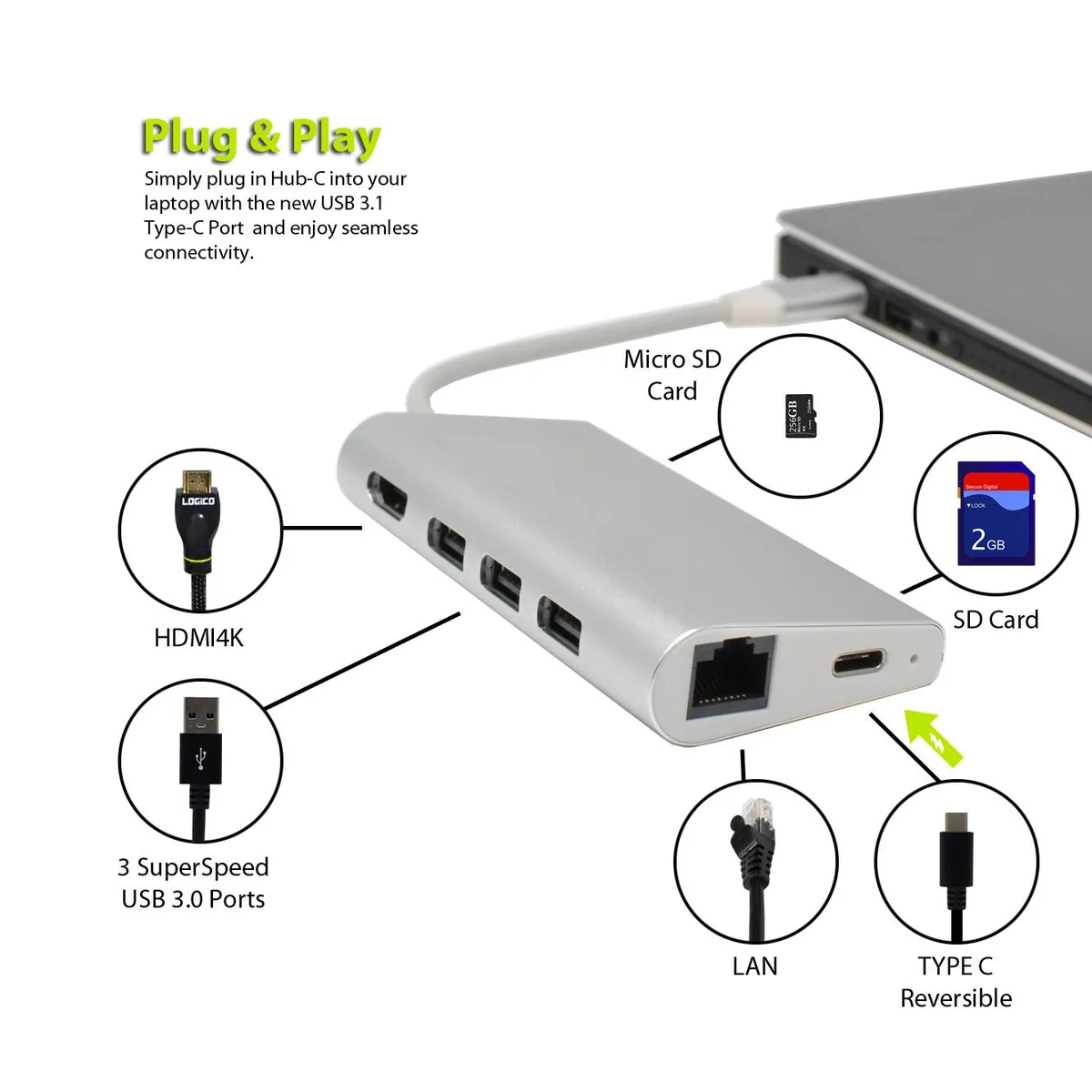 Logico Logico TCHB504 USB C Hub 8-in-1 Ethernet 4K HDMI USB 3.0 Adapter — product photo