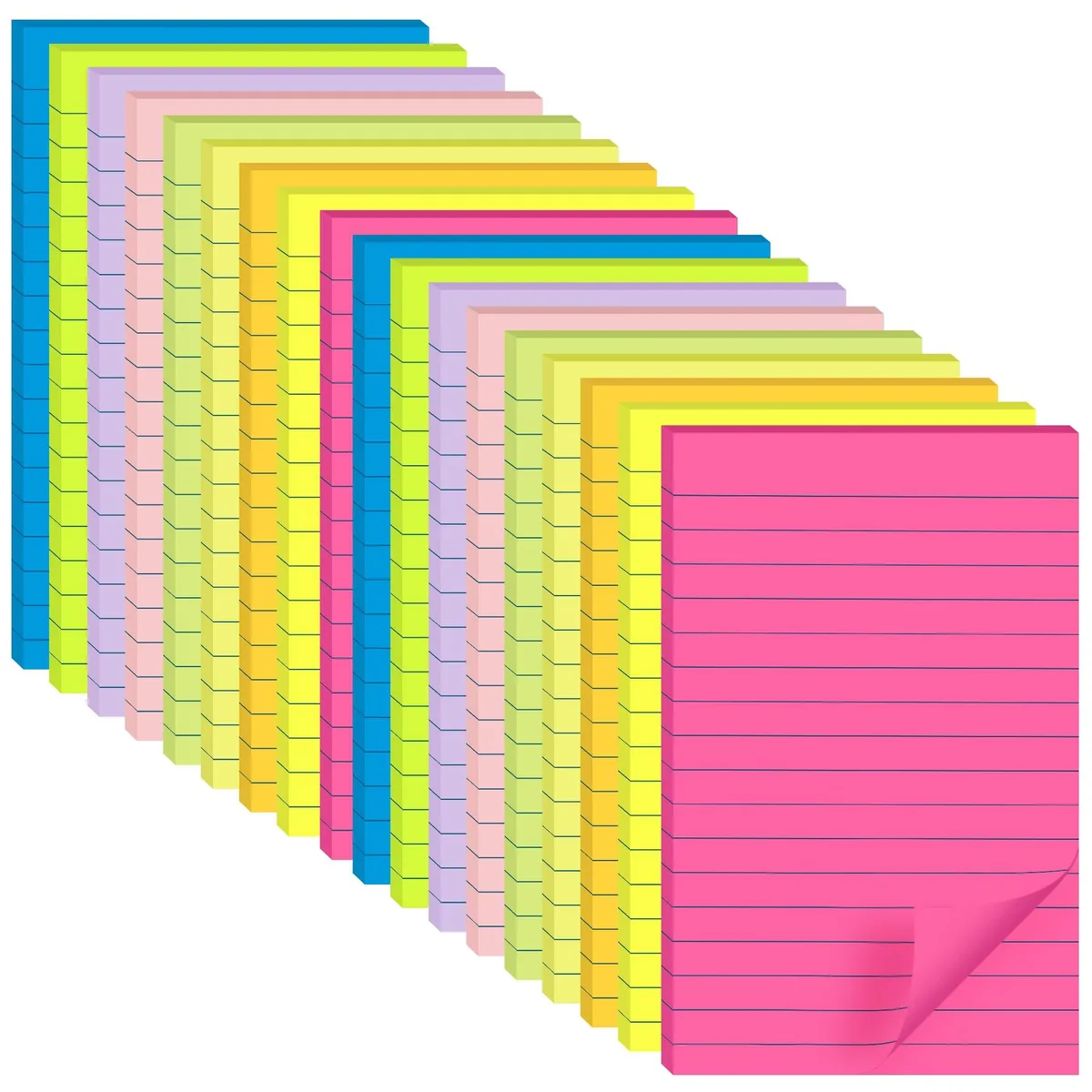 A stack of 18 lined sticky-note pads in nine bright colours, each pad 4 by 6 inches