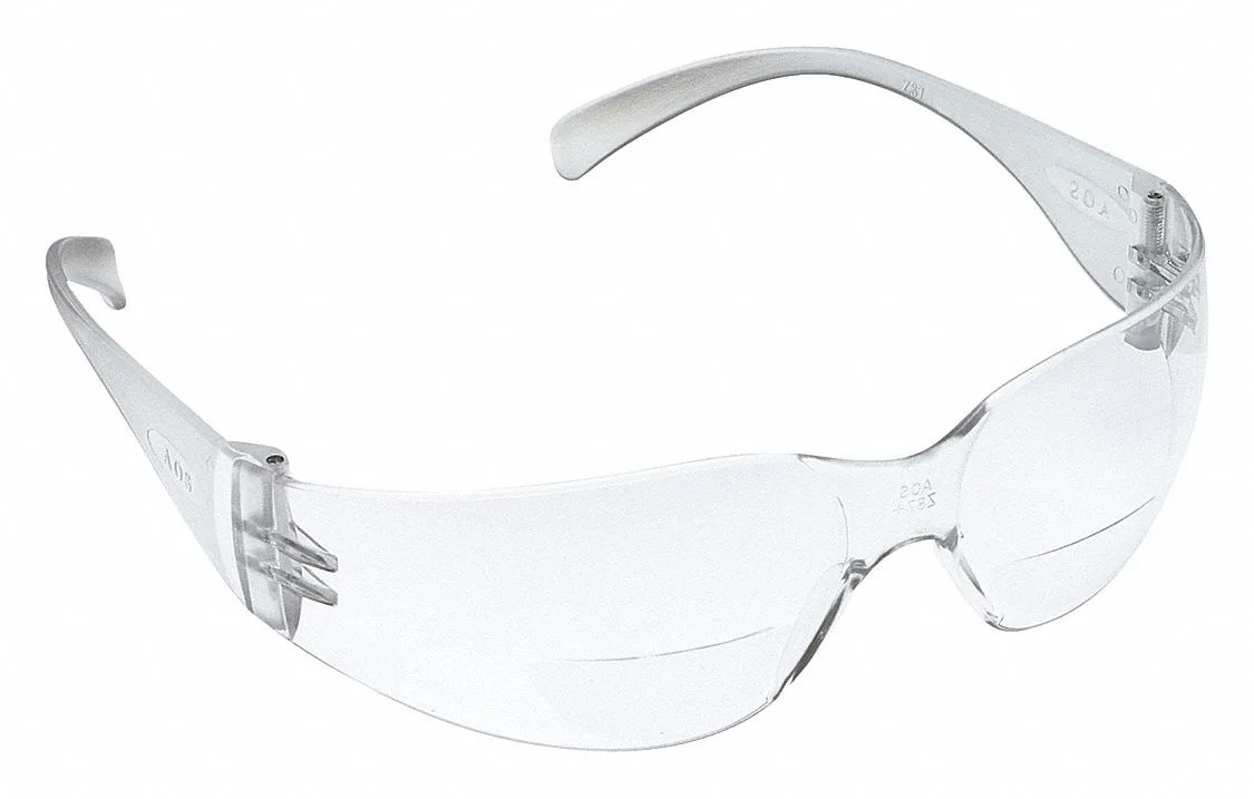 Clear wraparound safety readers with red half-frame and bifocal lenses