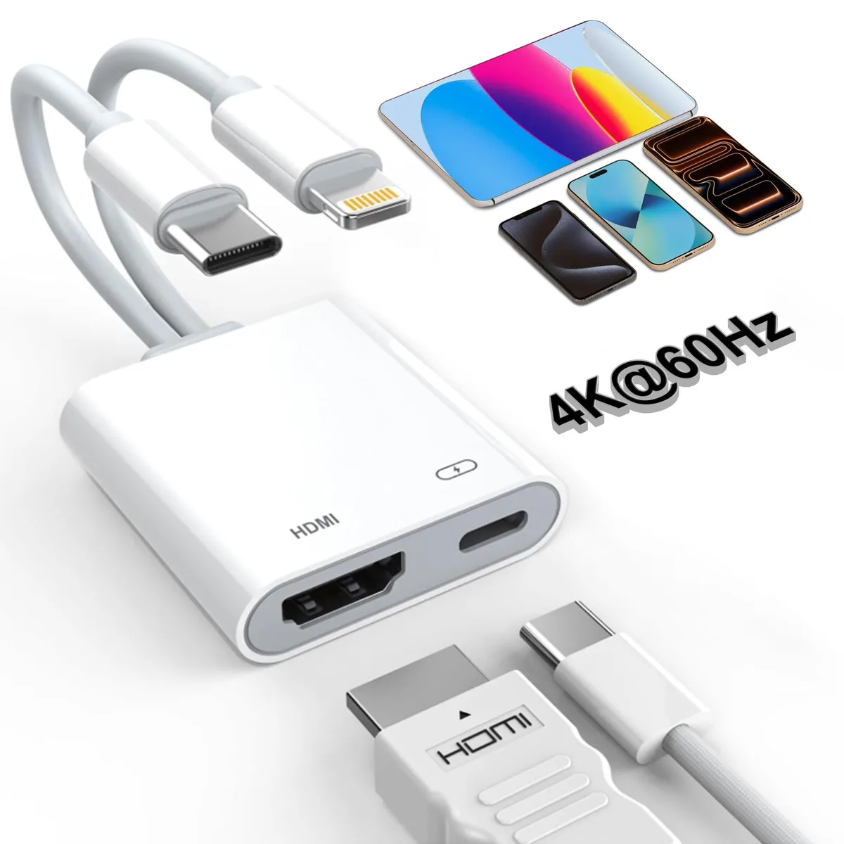 White 2-in-1 USB-C and Lightning to HDMI adapter cord