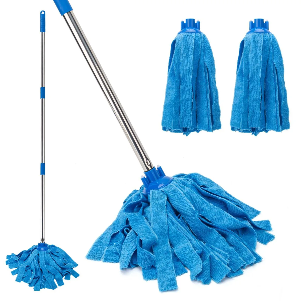 Blue microfiber mop set with 49-inch stainless steel handle and two washable heads