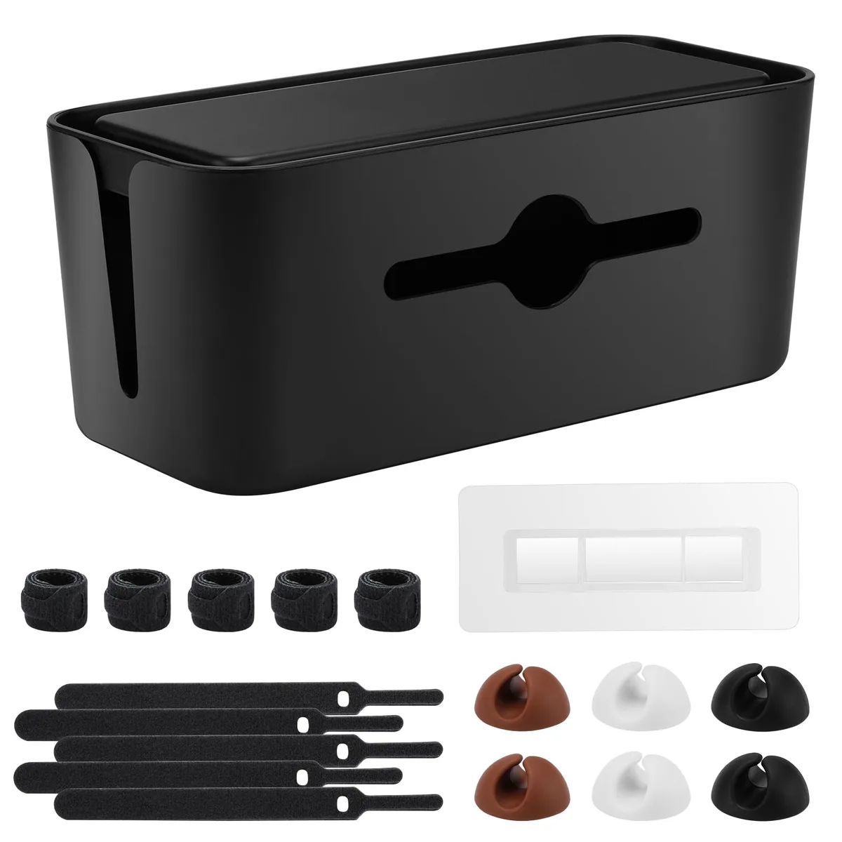 Black rectangular cable management box with rounded corners, freestanding on tabletop, 11.5 inches long