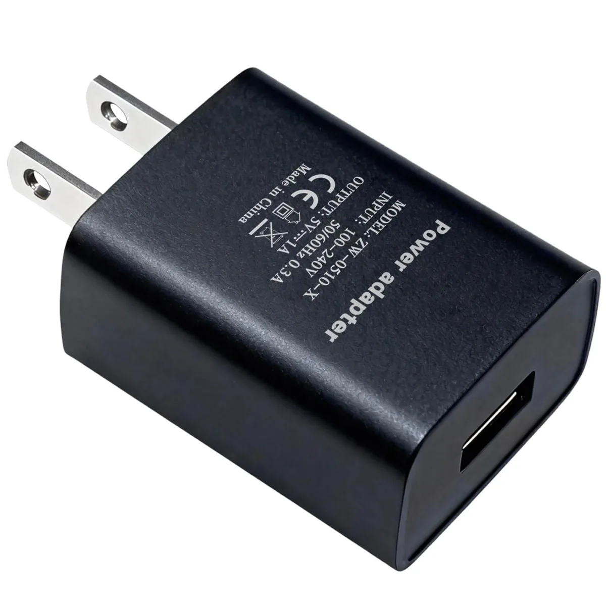 Compact black USB-A wall charger with US plug