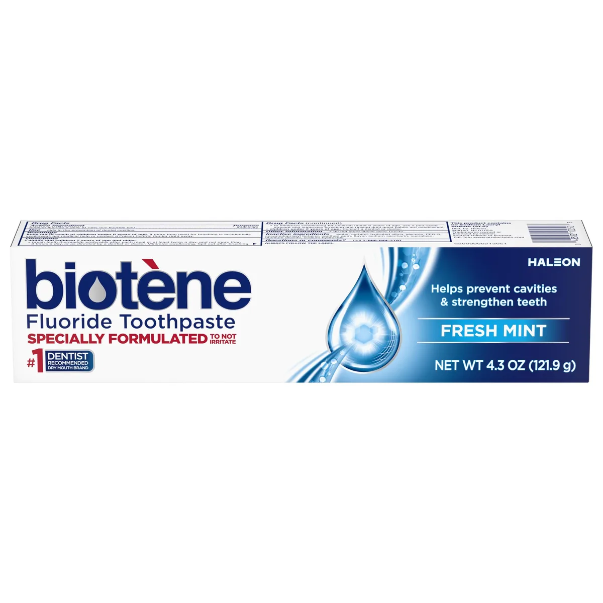 White 4.3 oz toothpaste tube with mint green accents standing upright