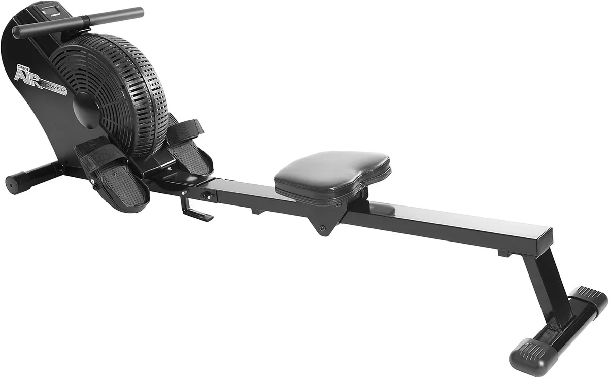 Silver foldable air rowing machine with padded sliding seat and digital monitor