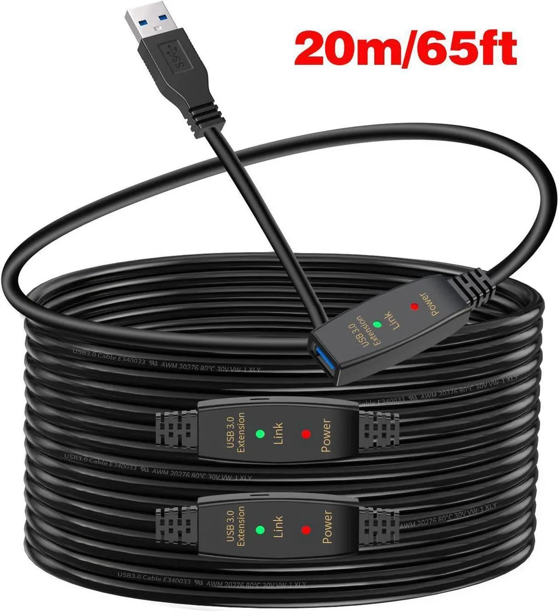 Active USB 3.0 extension cable, 65 ft, black PVC jacket, gold-plated USB-A connectors