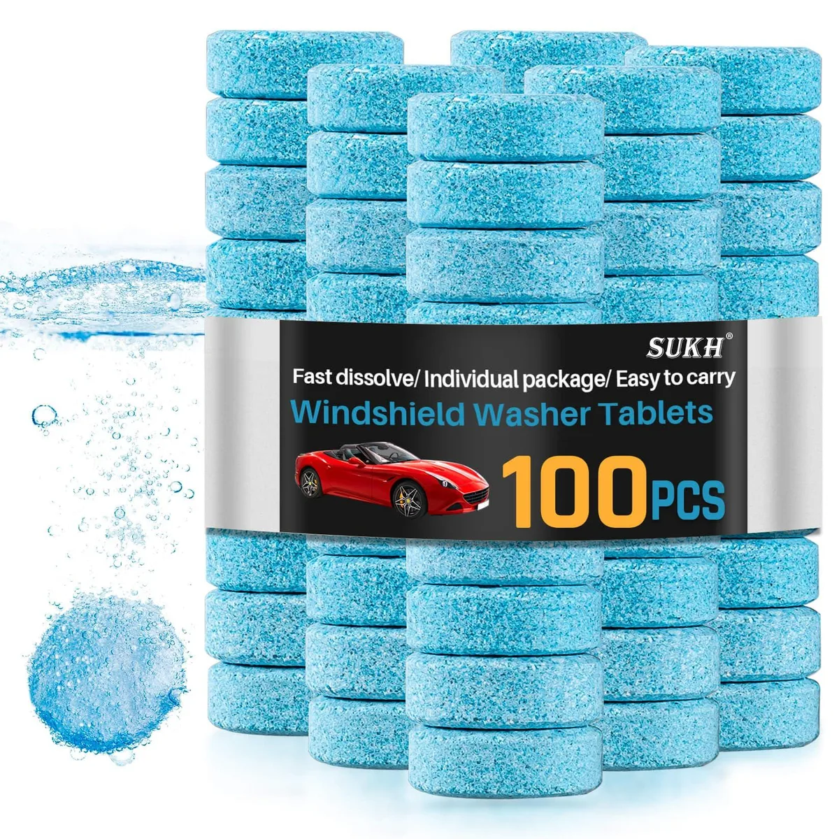 Box of 100 orange 16mm effervescent tablets in individual wrappers
