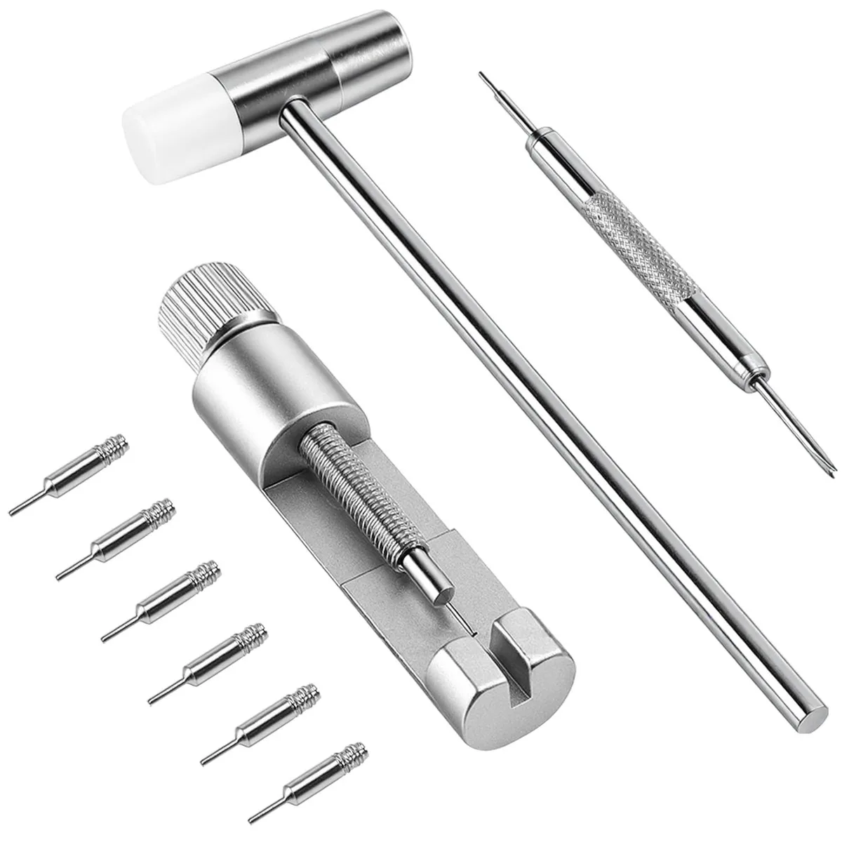 Stainless steel watch link removal kit in plastic case with hammer, remover tool, spring bar tool and six spare pins