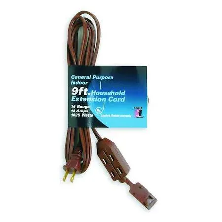 Flat brown PVC extension cord with three grounded outlets and straight plug
