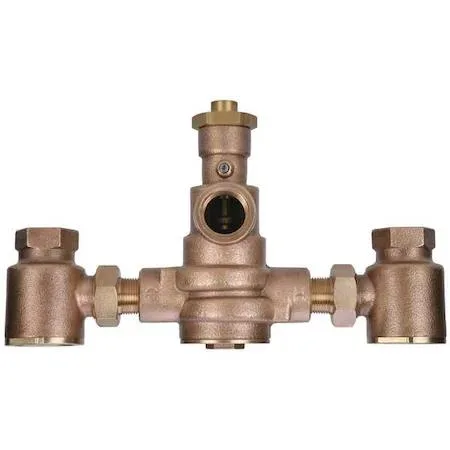 Bronze mixing valve with FNPT connections, compact rectangular body