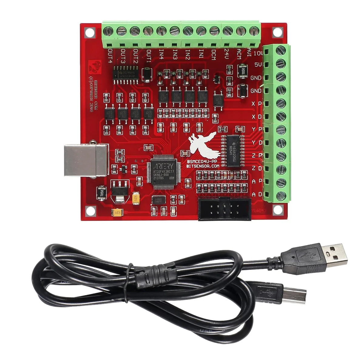 Green rectangular circuit board with USB port and terminal blocks, 80 by 77 mm