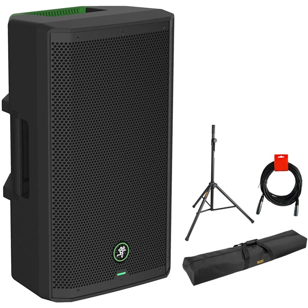 Black 12 inch battery powered speaker with tripod stand carry bag and cable