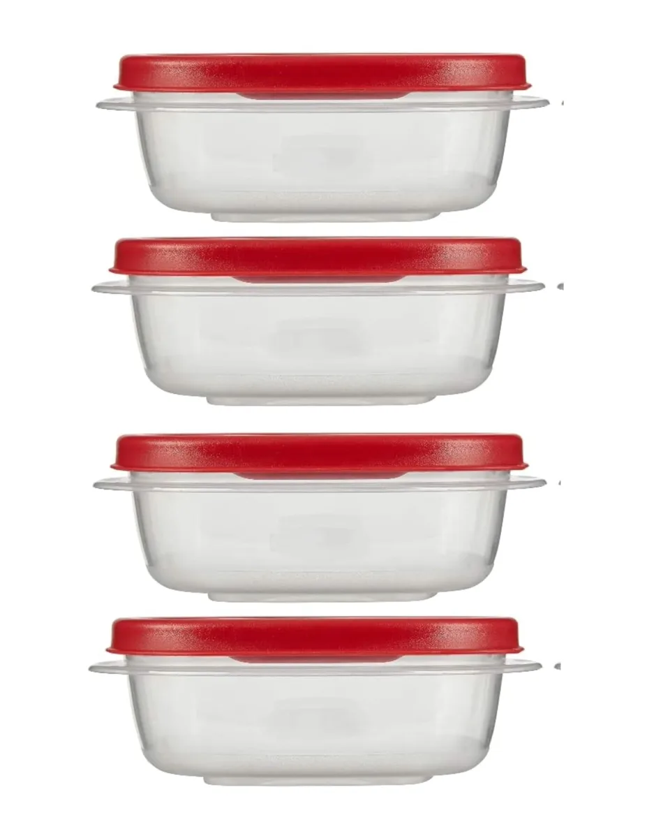 Red 1.25 cup food storage containers with matching lids stacked together
