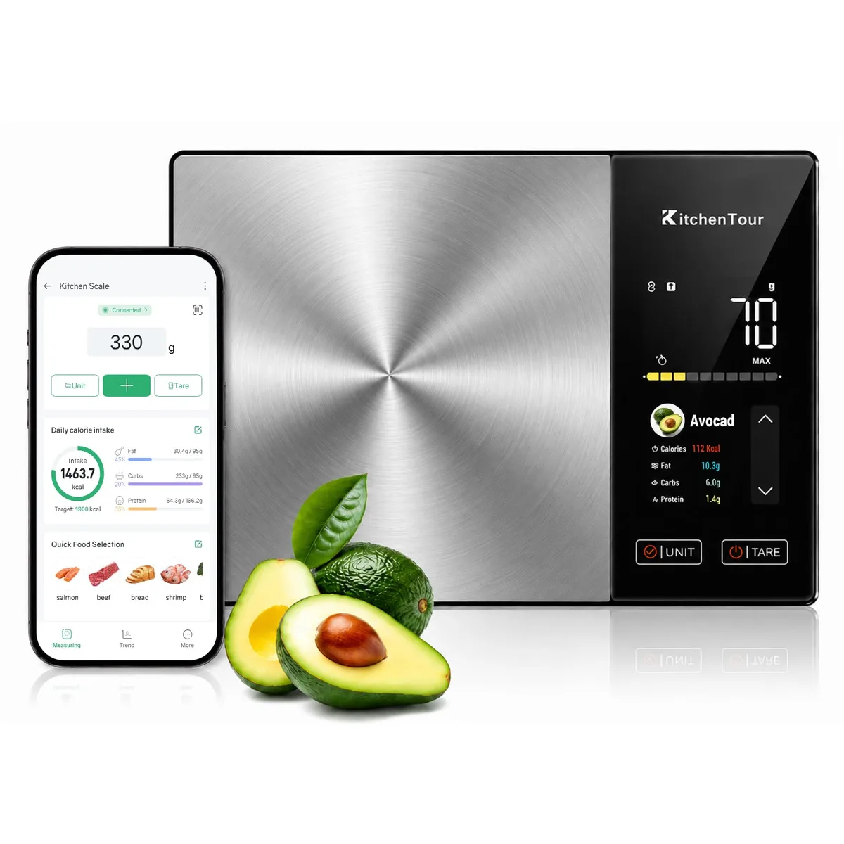 Black rectangular kitchen scale with stainless steel platform and backlit display
