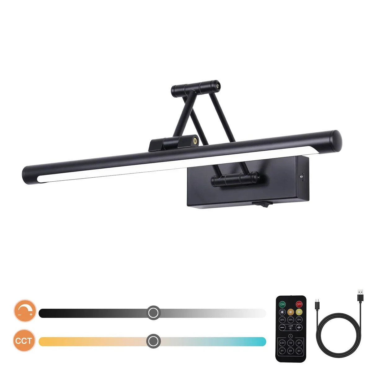 White 16 inch LED picture light with adjustable arms remote and USB cable