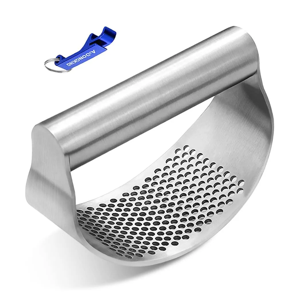 Stainless steel garlic rocker with bottle opener, curved perforated design, silver finish