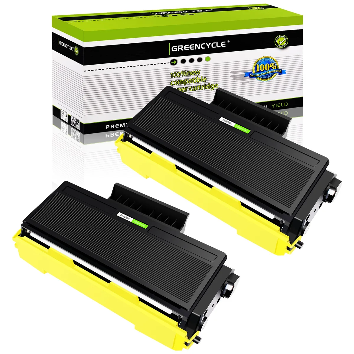 Two black rectangular toner cartridges in sealed packaging side by side