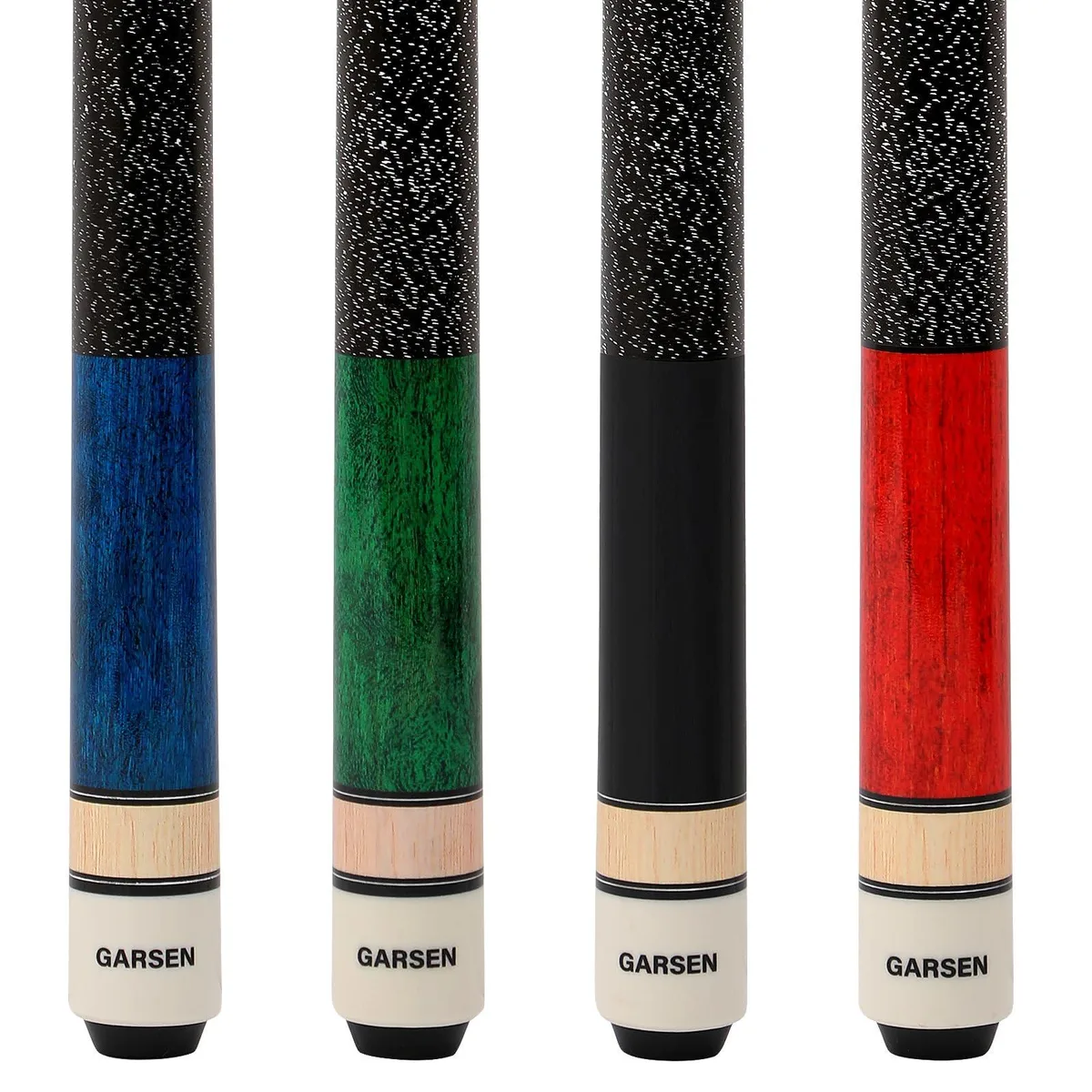 Four wooden pool cues in assorted colours leaning together